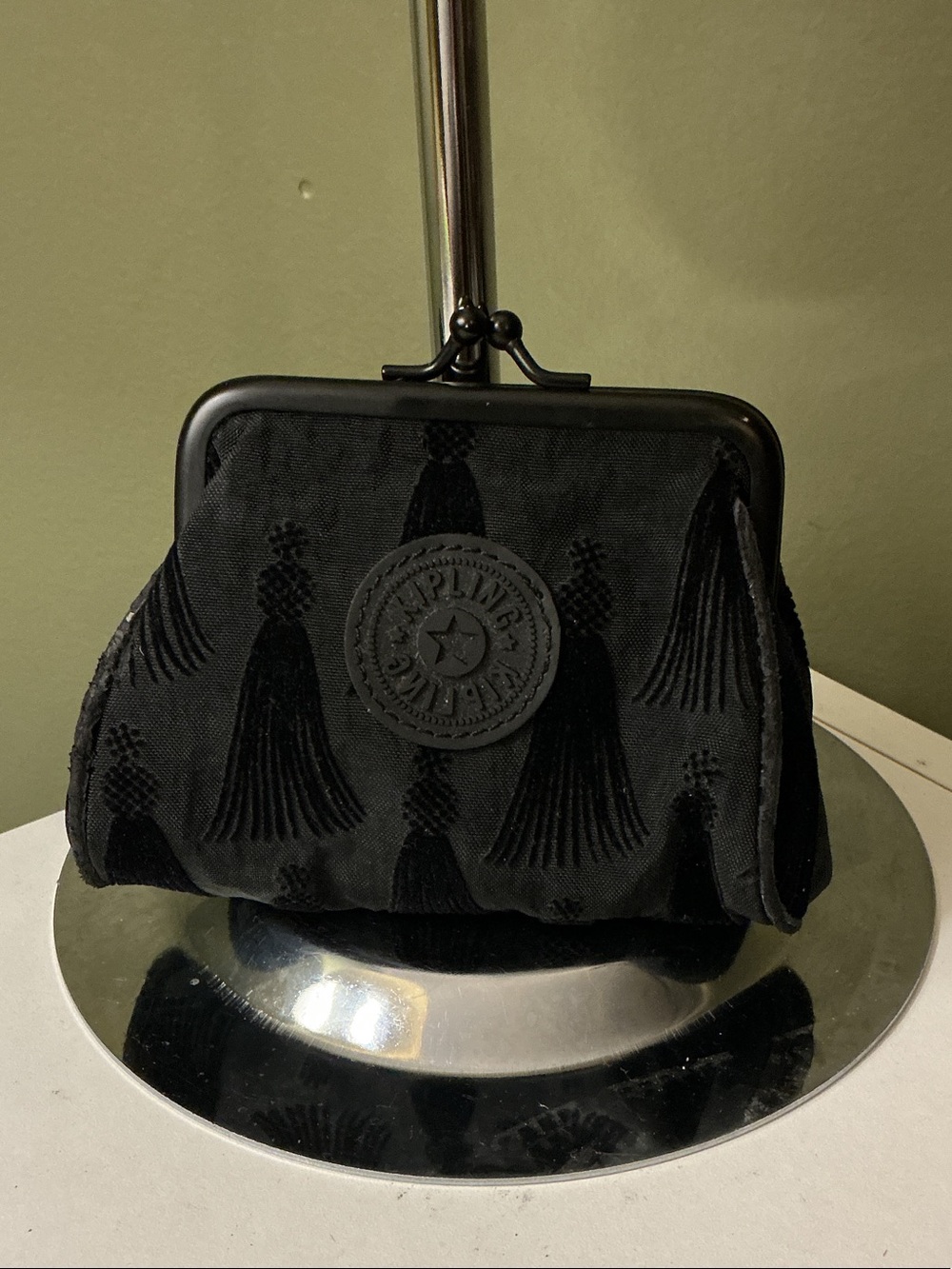 Fergie for Kipling Black with Velvet Tassel Coin Purse Kisslock Interior Mirror